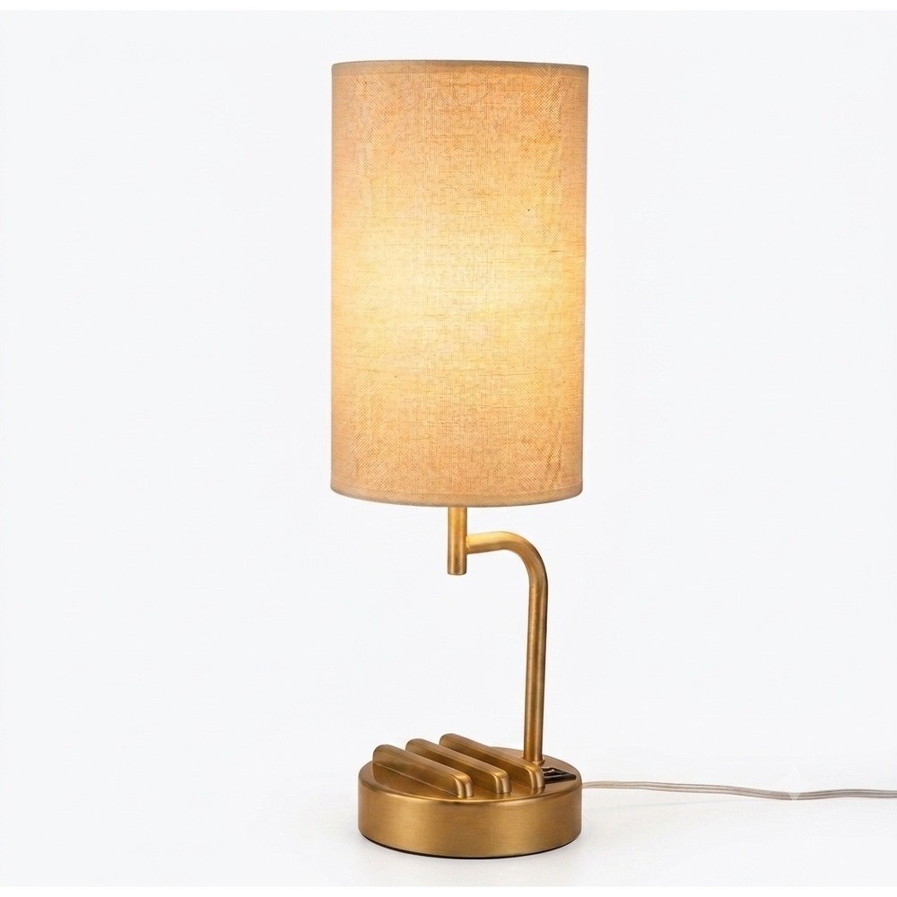 Touch Control Table Lamp Gold Base Linen Shade 3‑Way Dimmable USB C/A + AC